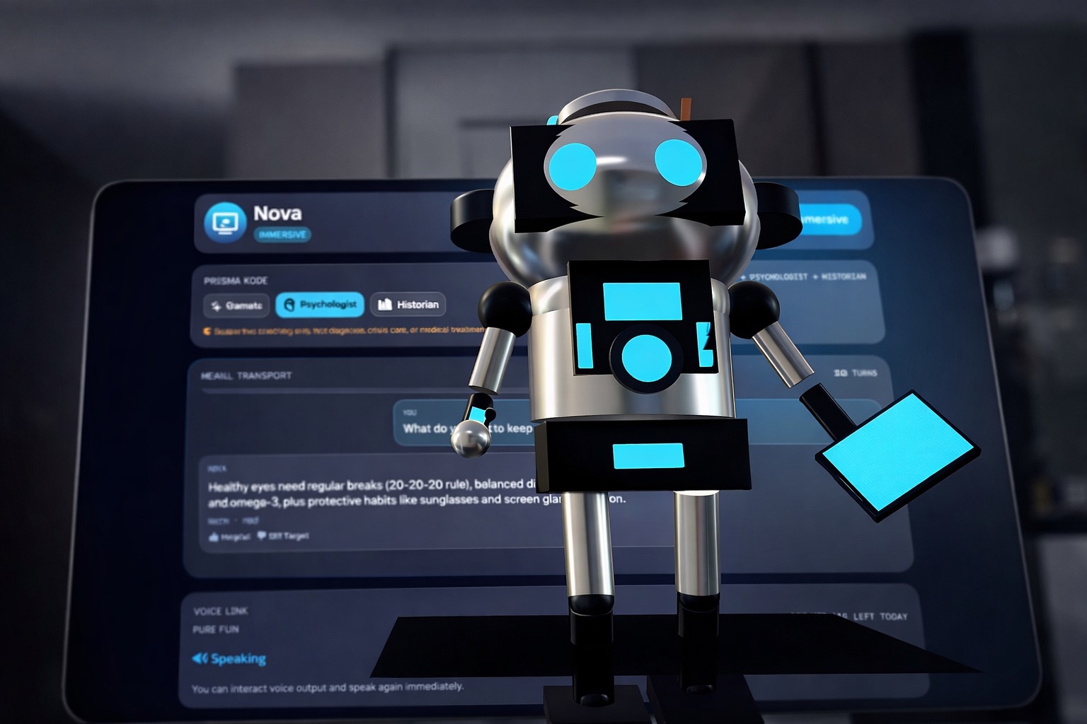 Droid character in front of the app UI